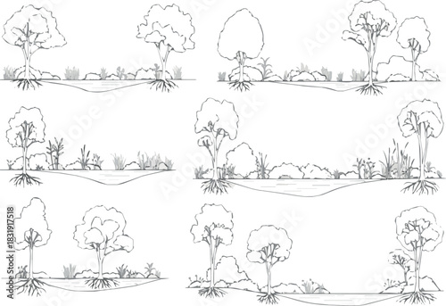 Architectural Drawings, Minimal style cad tree line drawing, Side view, set of section wetland forest outline for landscape design drawing. Vector illustration in separate element