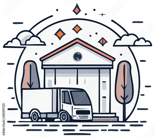 Secure transport van parked in front of a classical bank building line art illustration