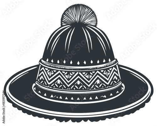 Stylized wide brim hat illustration with cultural geometric patterns and pompom