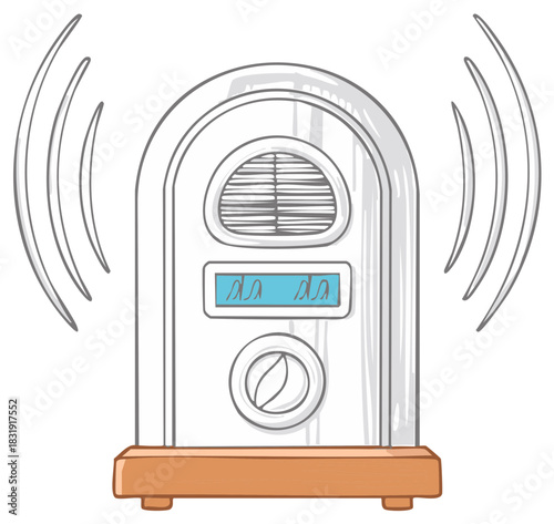 Vintage Radio Illustration broadcasting signals with turn knob and display light, an old sound technology device