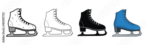 Set of four figure ice skate icons in different artistic styles like sketch, line art, black silhouette, and color cartoon illustration,