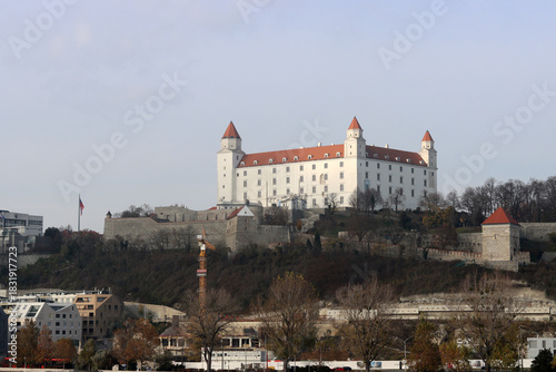 Photography View of Bratislava Castle in Slovakia at foggy day