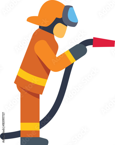 Firefighter wearing protective gear using fire hose to extinguish fire