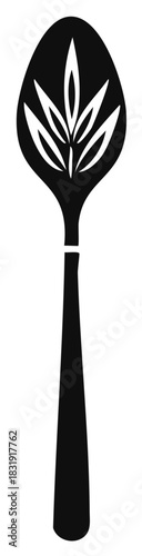 Black silhouette serving spoon with elegant floral leaf design cutout