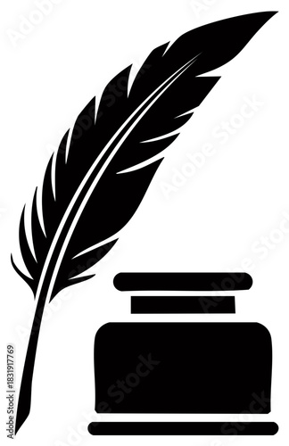 Feather Quill and Inkwell - Classic Black Silhouette Writing Symbol