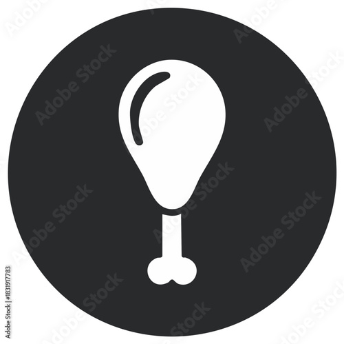 Minimalist chicken drumstick icon in a black circle. Simple flat vector sign for food, meat, and poultry.
