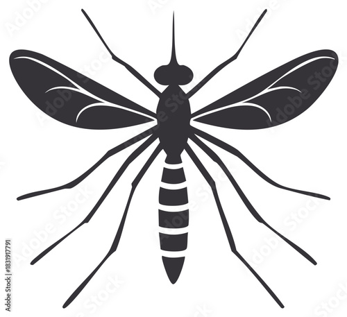 Silhouette of a Mosquito Insect with Detailed Wings and Legs, Vector Illustration