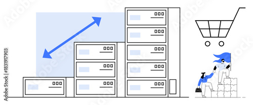 Stacked storage containers, rising arrow, shopping cart, and two people managing boxes. Ideal for logistics, teamwork, e-commerce, efficiency growth inventory management digital retail. Simple