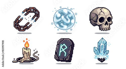 Pixel art fantasy magic icon set featuring a skull, rune, crystal, broken chain, candle, and orb for a retro video game GUI,