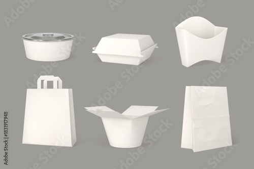 Takeaway containers packages mock up 3D vector set, craft white paper fast food empty boxes, bags, bowl, plate blanks