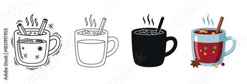 Set of four mulled wine mug icons in doodle, line art, silhouette, and flat color styles, depicting a hot spiced winter beverage