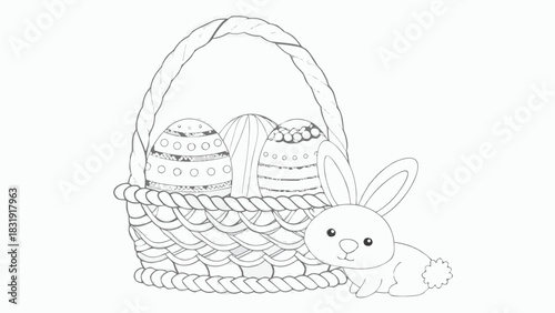 A charming black and white illustration of an easter basket filled with decorative eggs and a cute bunny sitting beside it perfect for coloring and holiday designs