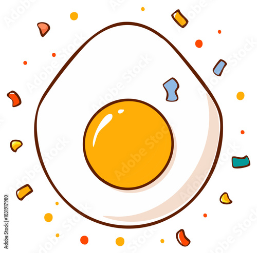 Cute cartoon illustration of a fried egg with colorful confetti
