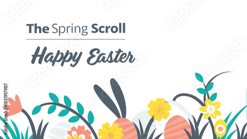 Happy easter greeting with colorful spring flowers decorative eggs and bunny ears peeking through the grass celebrating the joyous holiday season