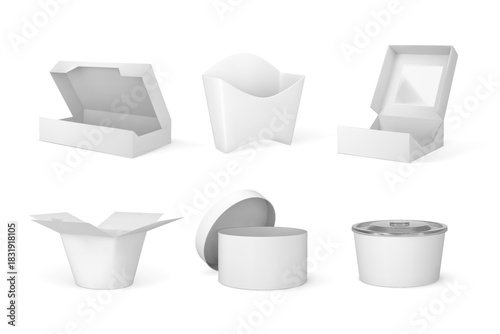 Takeaway containers packages mock up 3D vector set, craft white paper fast food and pastry, bakery boxes, bags blanks