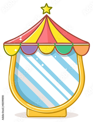 Cartoon circus mirror with colorful tent roof, star decoration. Illustration