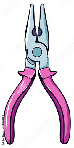 Cartoon style long nose pliers in vector format for handcrafting repair or construction tasks, close up, colorful pink, blue
