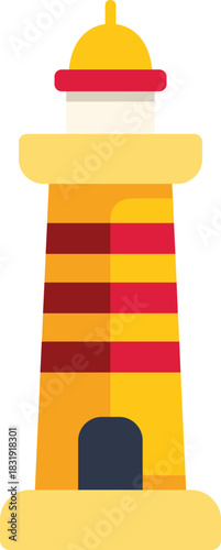 Yellow and red lighthouse standing tall on the coast, emitting a bright light beam to guide ships safely through the night