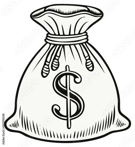 Stylized illustration of a closed money bag with a dollar sign emblem and tied drawstring