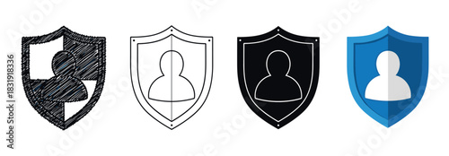 Set of four user security shield icons in sketch, line, solid, and flat styles representing personal data protection and privacy,