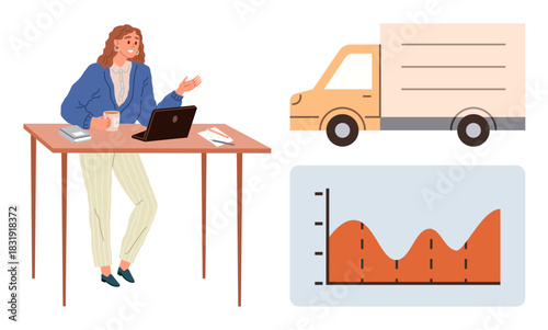 Woman working on laptop holding coffee beside a report, delivery truck, and data graph. Ideal for logistics, planning, analysis, time management, productivity e-commerce transportation. Simple flat