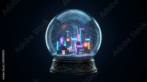 Floating Snow Globe Sphere Containing Neon City with Swirling Snow Particles