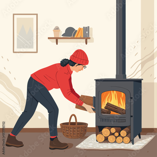 Una mujer en ropa de invierno coloca leña dentro de una estufa encendida, calentando la casa durante una temporada fría.
