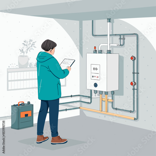 Un técnico revisa el sistema de calefacción de una vivienda en un sótano, con herramientas y una tablet para diagnóstico.
