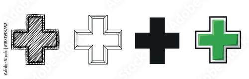 Set of four cross or plus sign icons in diverse graphic styles including hand-drawn sketch, geometric outline, black silhouette, and a green flat symbol, isolated on white