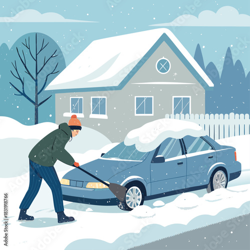 Un hombre limpia la nieve acumulada sobre un coche aparcado frente a una casa cubierta de nieve, durante una nevada.
