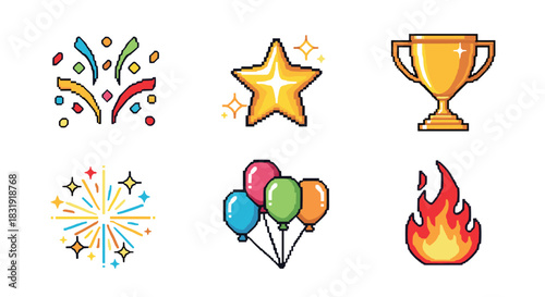 Pixel art celebration and achievement icon set featuring a golden trophy, star, fireworks, confetti, balloons, and fire, designed in a retro 8-bit video game style isolated on white