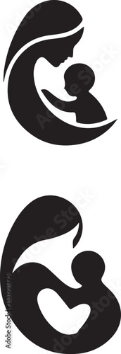 Mother and Child Icon Set Symbolizing Love, Care, and Family Bonds in a Silhouette Design