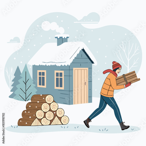 Un hombre transporta leña hacia una cabaña en un paisaje invernal rodeado de árboles nevados y cielo nublado.
