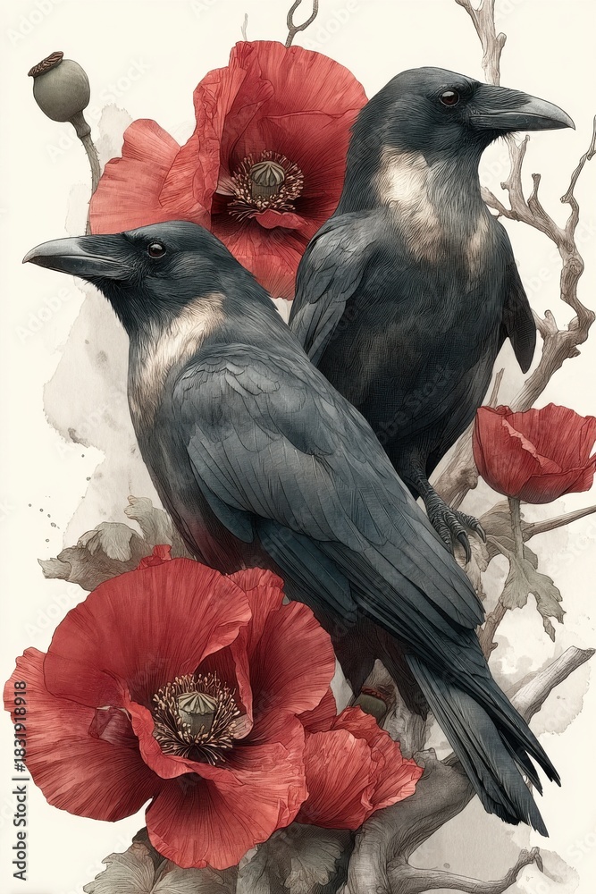 Obraz premium Two ravens perched on vivid red poppies in a botanical watercolor illustration with soft tones and branches