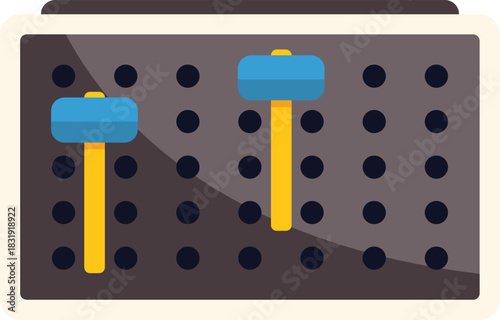 Pegboard organizer with two blue hammers hanging, handles pointing up, against white background