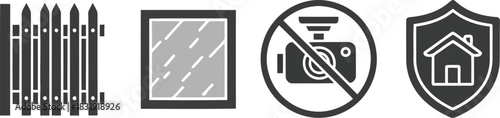 Picket fence window no camera sign and house shield icons