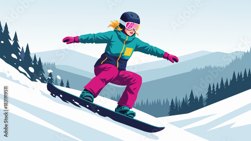 Energetic Female Snowboarder Gliding Down a Snowy Mountain Slope with Pine Trees in the Background, Winter Sport Adventure