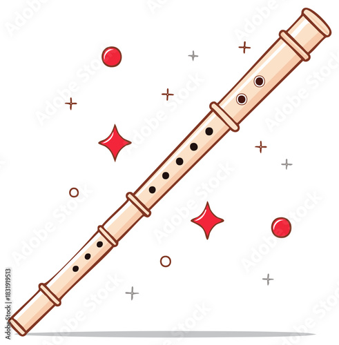 Cartoon illustration of a recorder, a classical woodwind musical instrument with sparkles