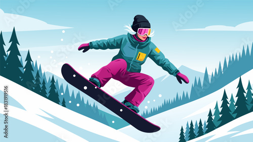 Female snowboarder in mid-air jump on a snowy mountain slope, winter sports vector illustration concept