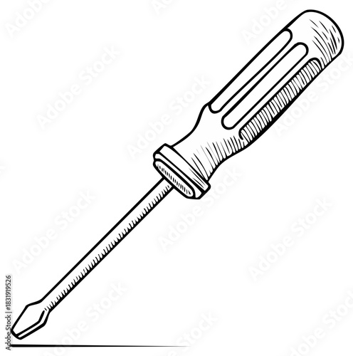 Hand-drawn illustration of a flathead screwdriver, mechanic tool for repairs and projects.