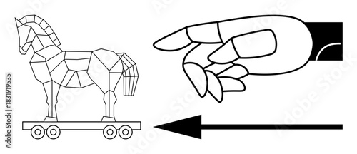 Trojan horse concept. Trojan horse security risks and cyberattacks with a gesture control or decision-making. Trojan horse relevance for cybersecurity, online protection, hacking, digital threats, IT