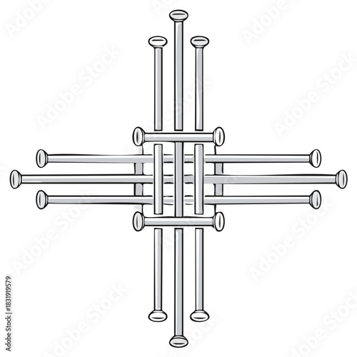 Metal hardware fasteners interlaced in a symmetrical cross pattern illustration
