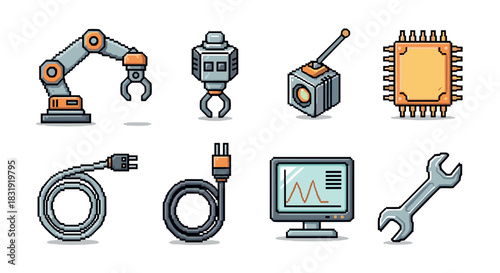 Set of pixel art robotics icons featuring a robotic arm, microchip, monitor, and tools for technology and automation concepts,