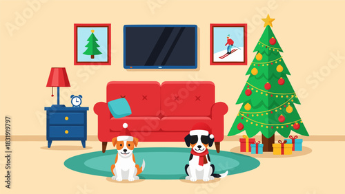 Festive Fido Friends Adorable Dogs in Santa Hats Celebrate Christmas in a Cozy Living Room with Decorated Tree and Presents