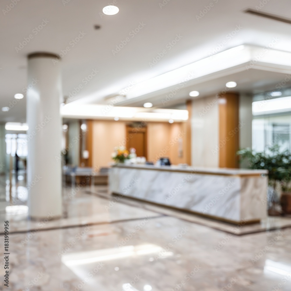 Fototapeta premium Modern hotel lobby interior with marble floors and elegant reception desk