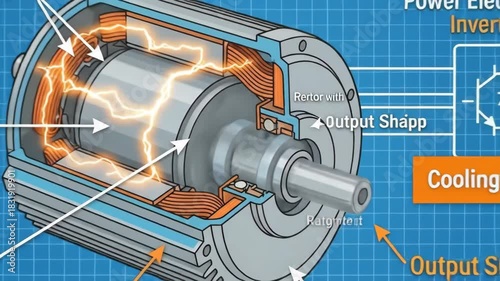 Ev traction motor cutaway schematic showing rotor, stator windings, cooling jacket, bearings and output shaft with connections to inverter and battery for electric vehicle powertrain tech