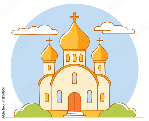 Stylized Orthodox Church Illustration with Golden Domes and Crosses Against Blue Sky and Clouds
