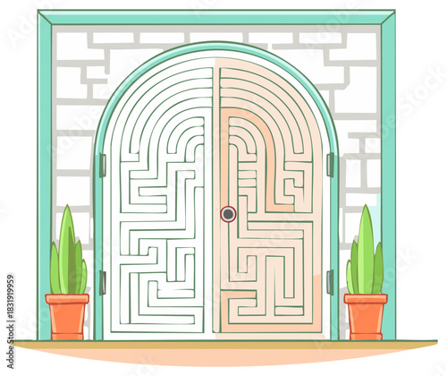 An arched double door with a maze puzzle representing a challenge or finding a solution. Conceptual vector illustration.