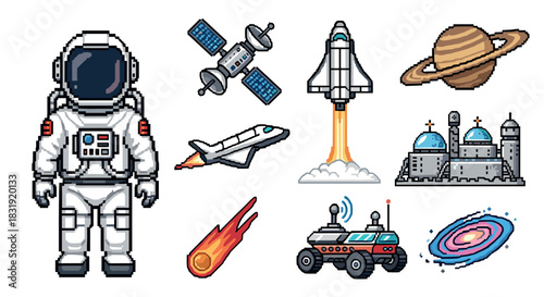 Pixel art set of space exploration icons with an astronaut, shuttle, planet, and satellite in a retro 8-bit video game style,