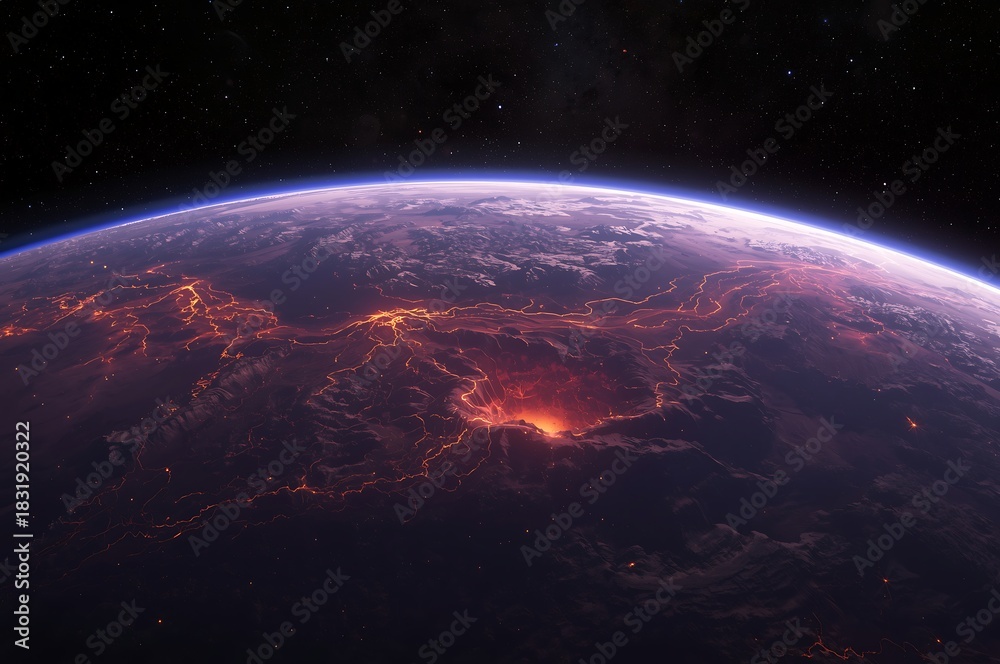 Obraz premium Distant alien planet illuminated by fiery volcanic activity and ethereal purple atmosphere